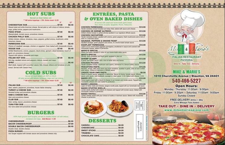 Mike and Mario's Italian Restaurant - Staunton, VA menu_pic