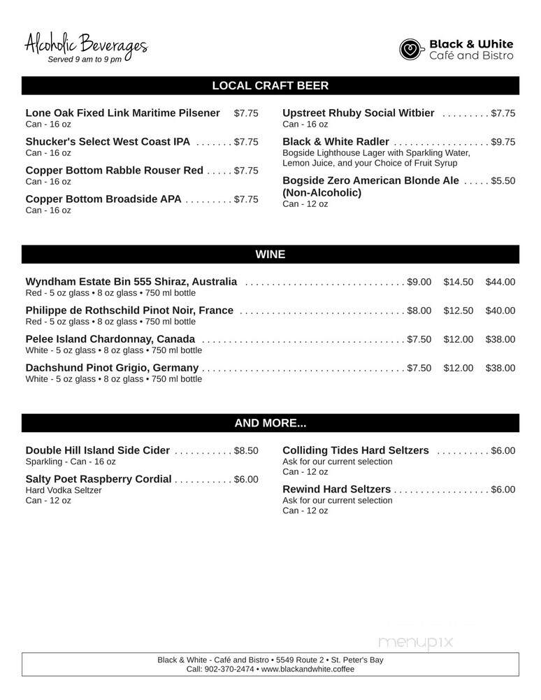 Black & White Cafe and Bakery - Saint Peters Bay, PE menu_pic