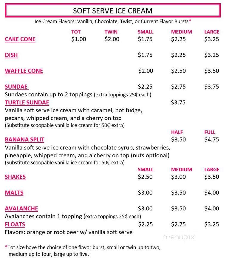 Twin Peaks Ice Cream - Tomah, WI menu_pic
