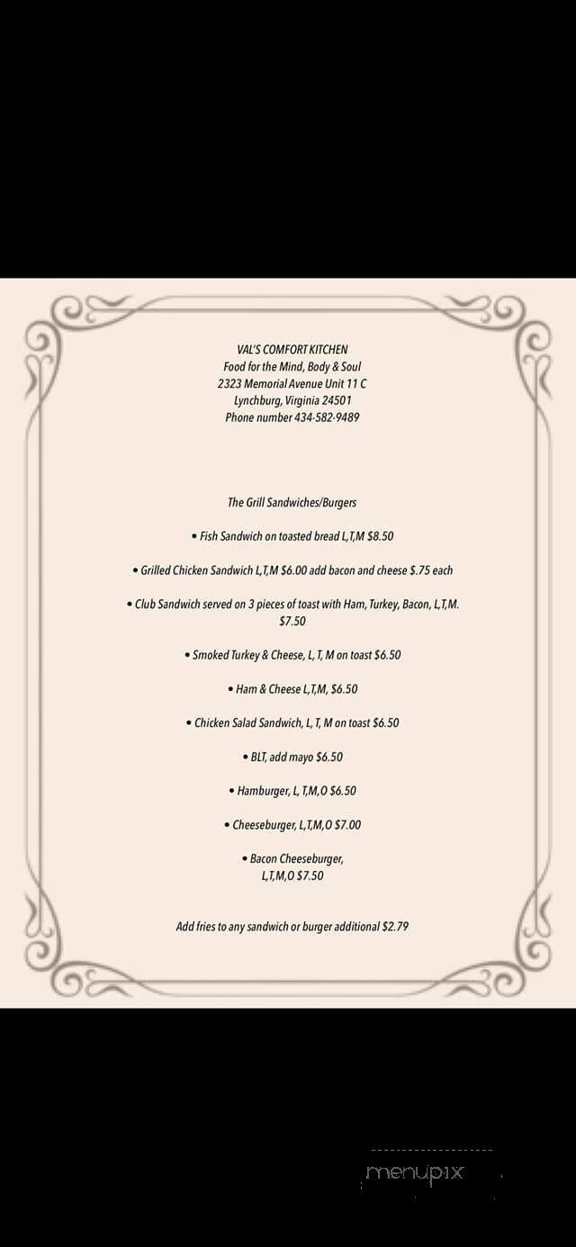 Val's Comfort Kitchen - Lynchburg, VA menu_pic