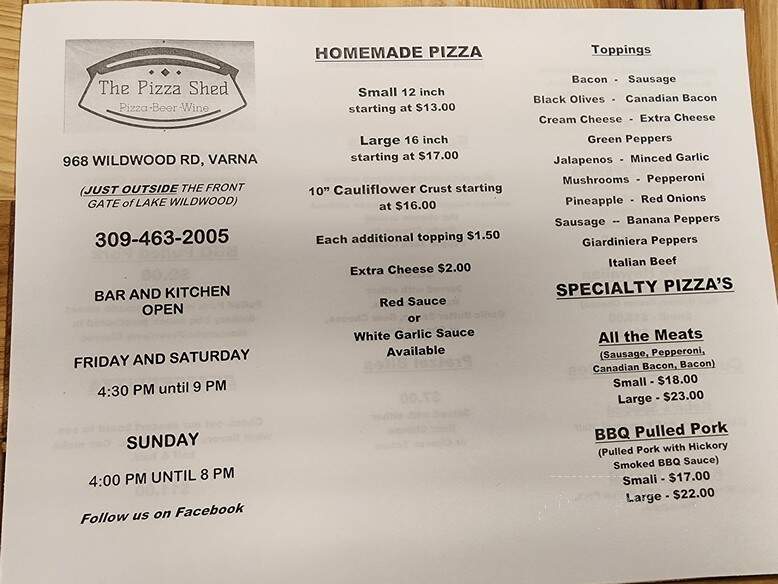 The Pizza Shed - Varna, IL menu_pic