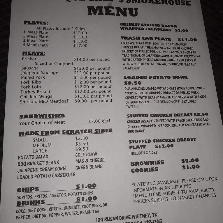 Bar-B-Que Chef's Smokehouse - Whitney, TX menu_pic