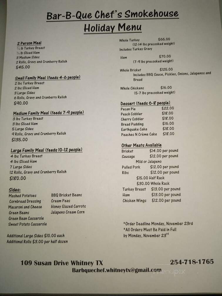 Bar-B-Que Chef's Smokehouse - Whitney, TX menu_pic