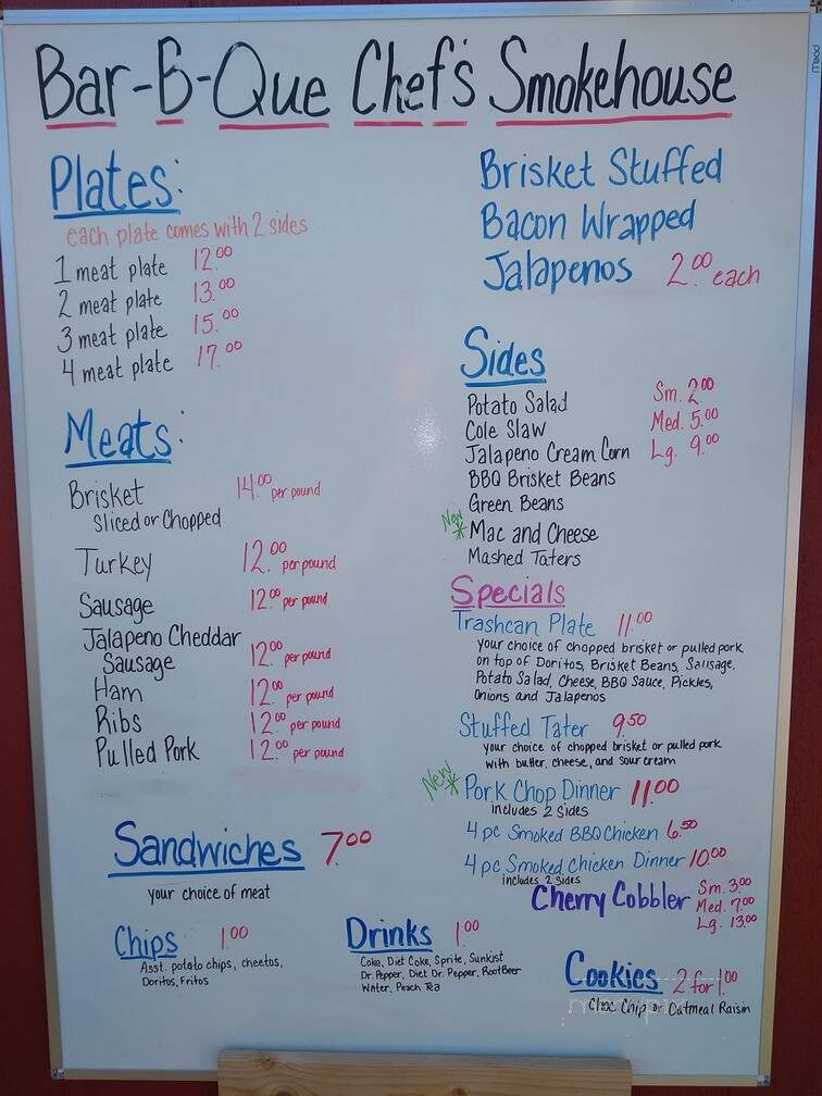 Bar-B-Que Chef's Smokehouse - Whitney, TX menu_pic