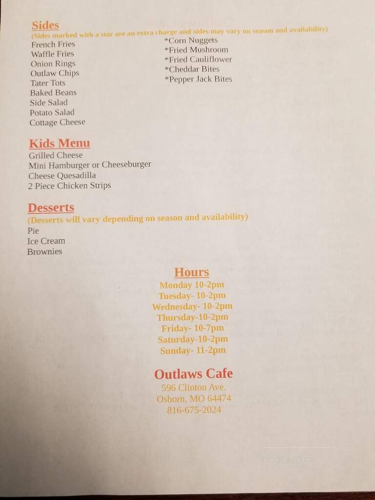 Outlaws Cafe - Osborn, MO menu_pic