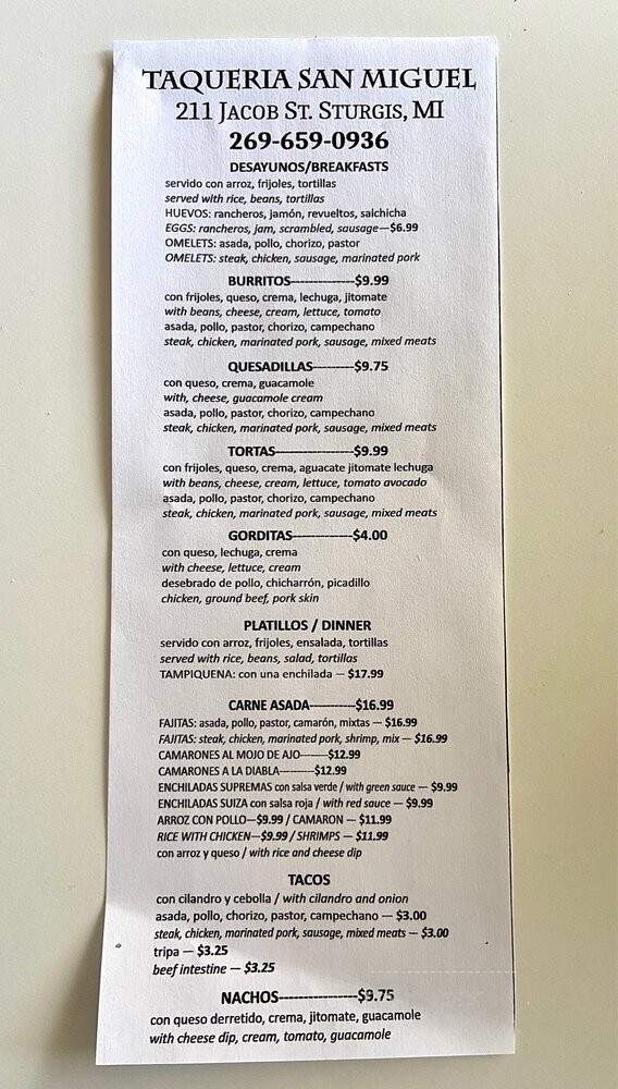 Taqueria San Miguel - Sturgis, MI menu_pic