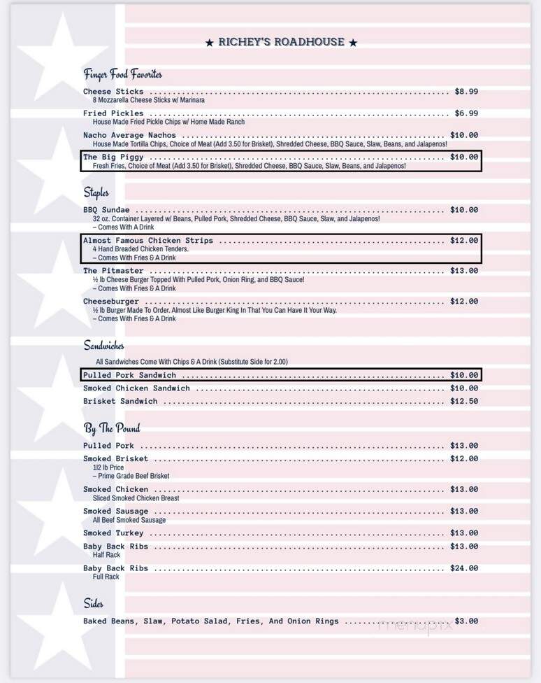 Richey's Roadhouse - Greers Ferry, AR menu_pic