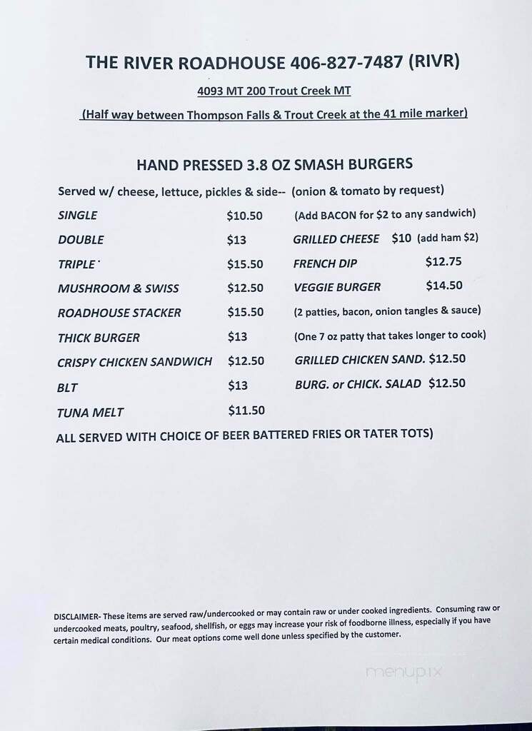 River Roadhouse - Trout Creek, MT menu_pic