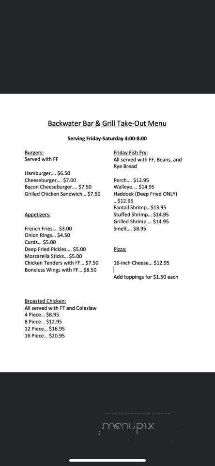 The Backwater Bar and Grill - Crivitz, WI menu_pic