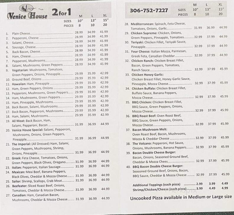 Venice House Pizza - Melfort, SK menu_pic