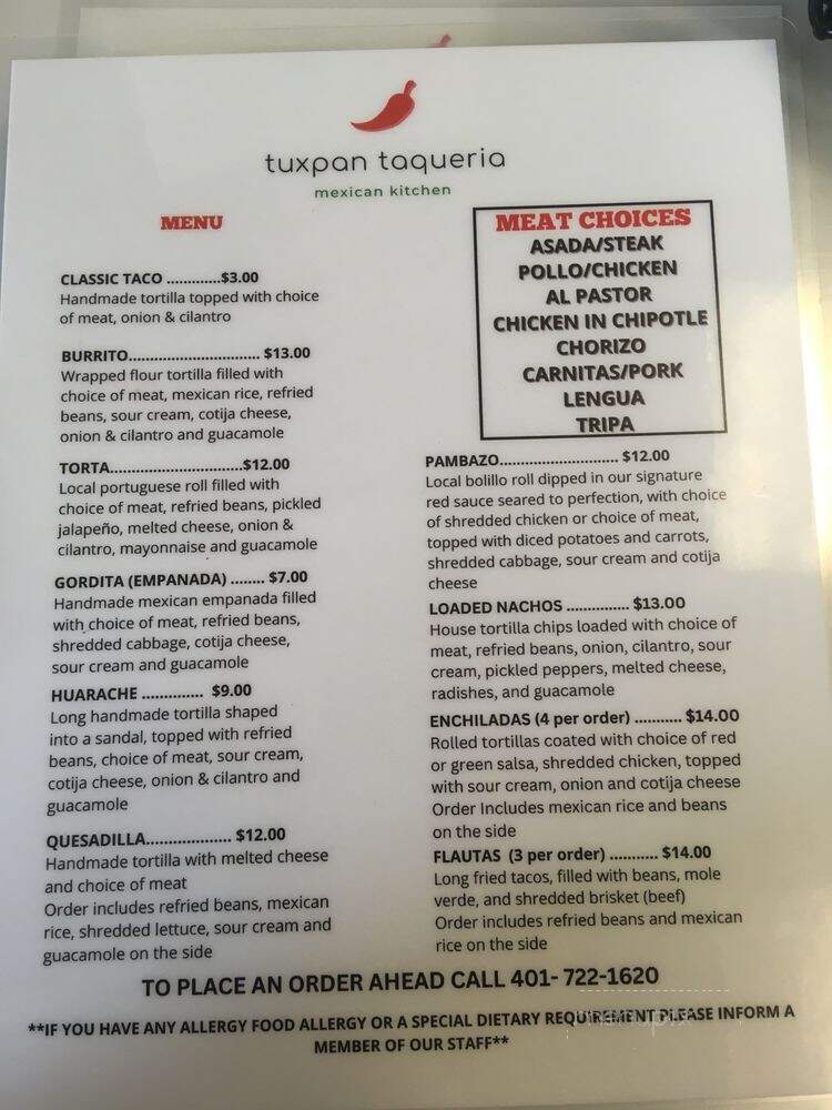Tuxpan Taqueria - Central Falls, RI menu_pic
