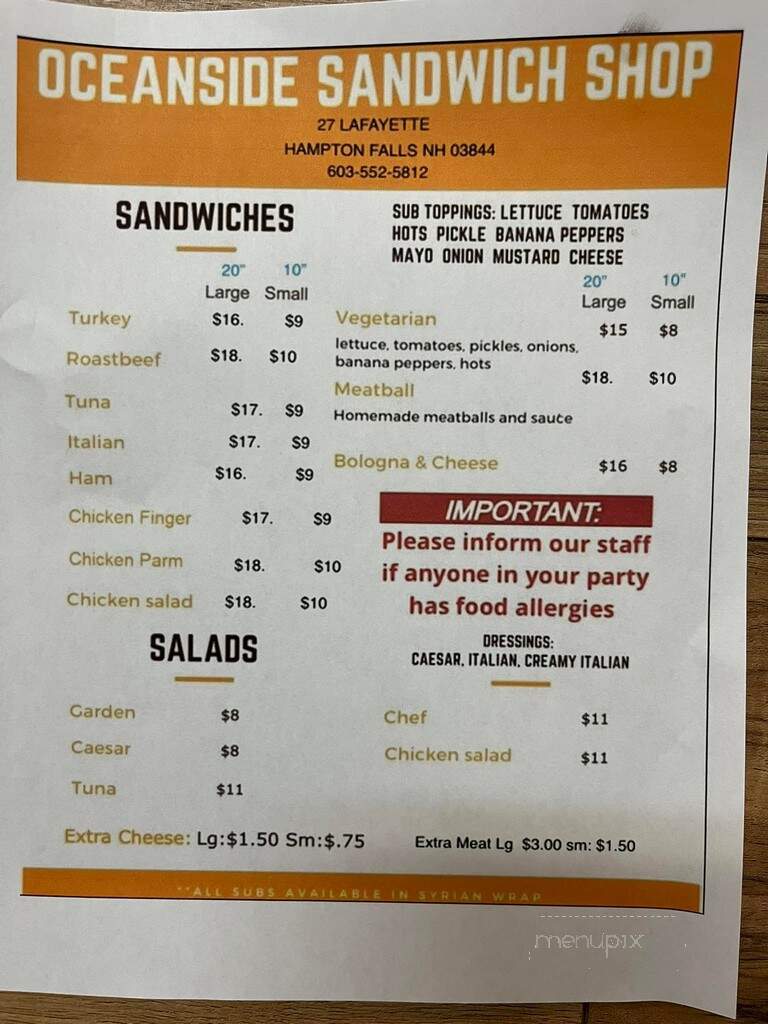 Oceanside Sandwich Shop - Hampton Falls, NH menu_pic