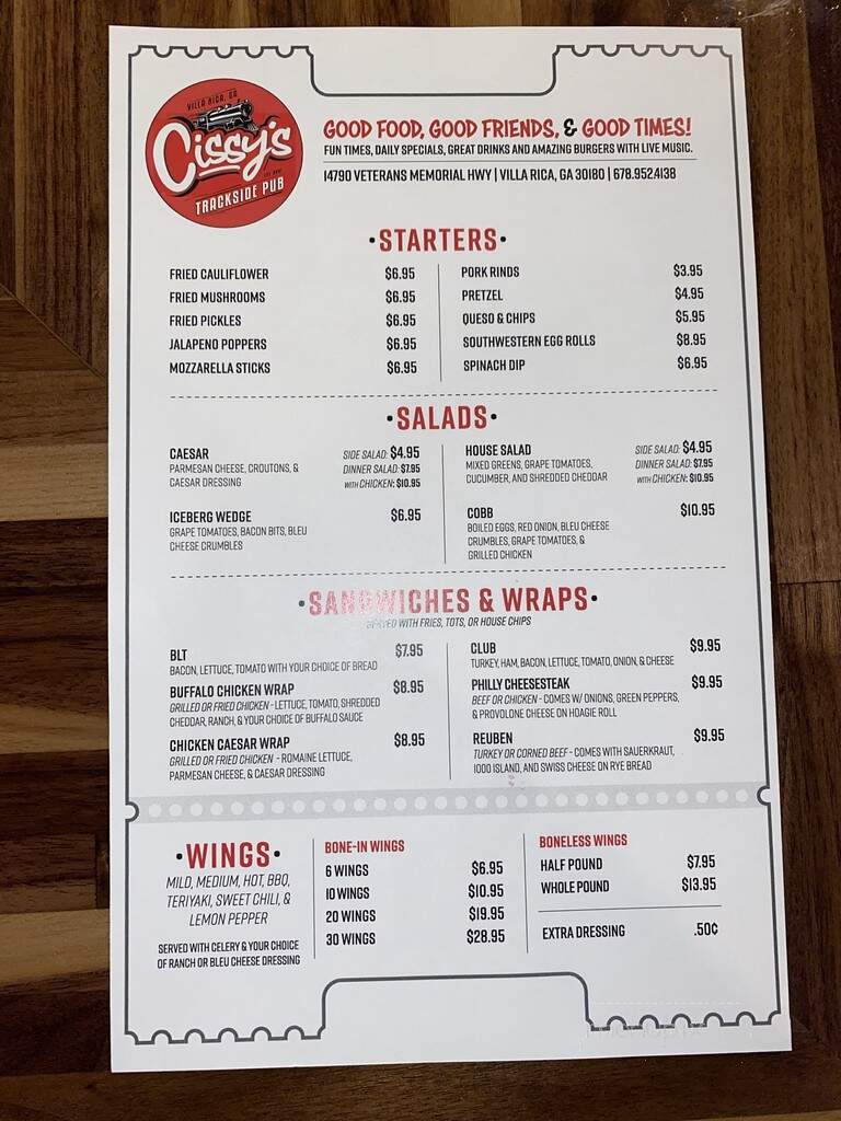 Cissy's Trackside Pub - Villa Rica, GA menu_pic