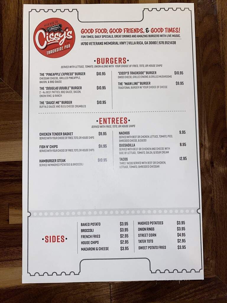 Cissy's Trackside Pub - Villa Rica, GA menu_pic