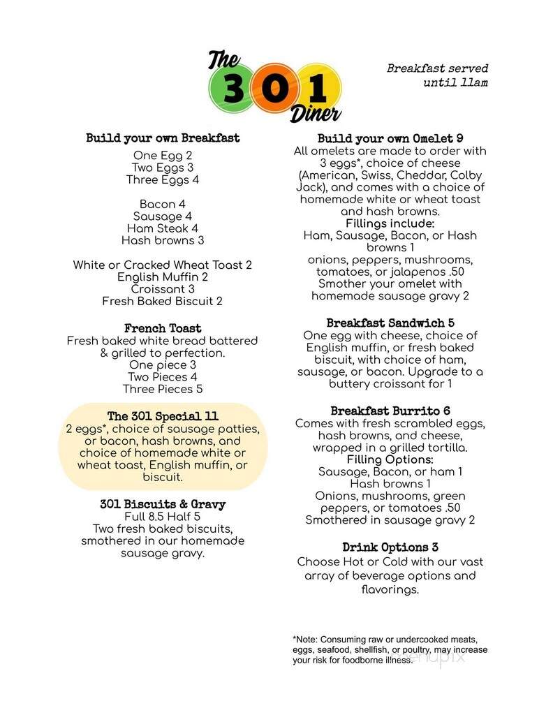 The 301 Diner - Wolverine, MI menu_pic