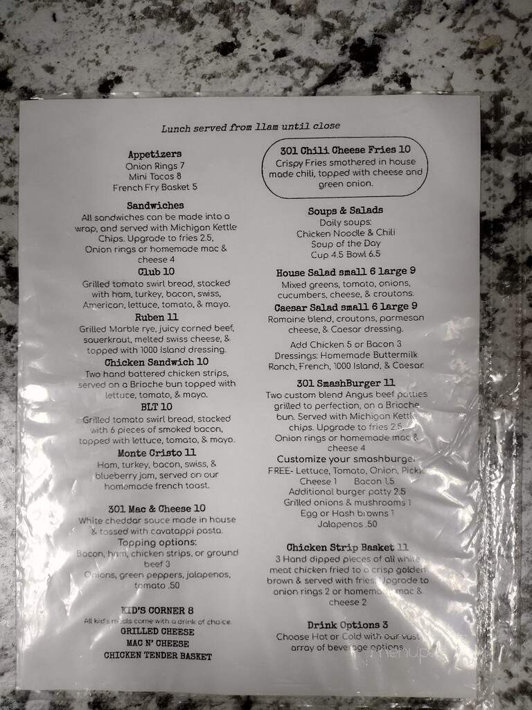 The 301 Diner - Wolverine, MI menu_pic