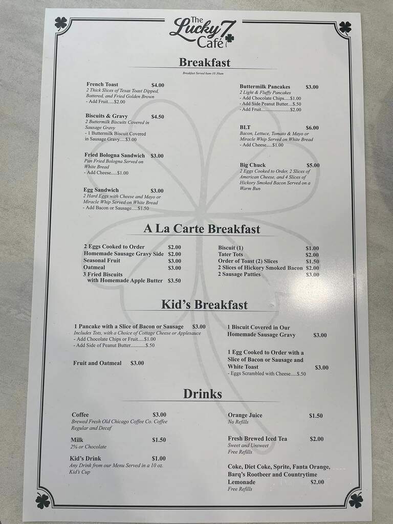 The Lucky 7 Cafe - Shelbyville, IN menu_pic