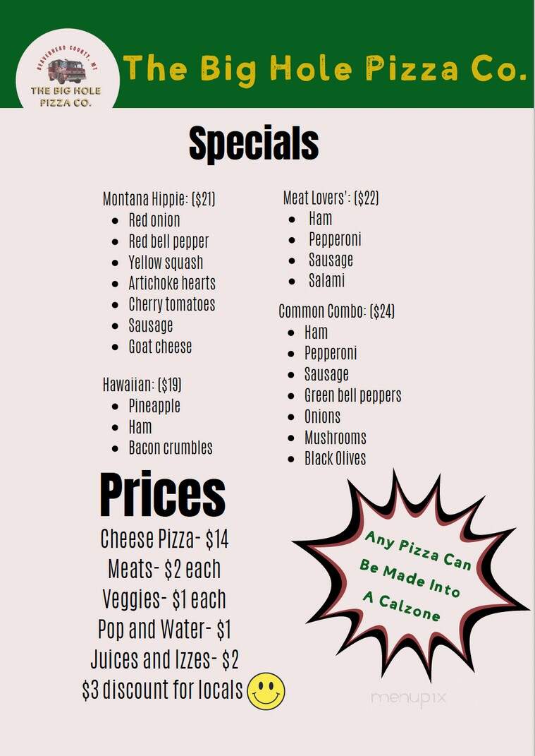 The Big Hole Pizza - Wise River, MT menu_pic