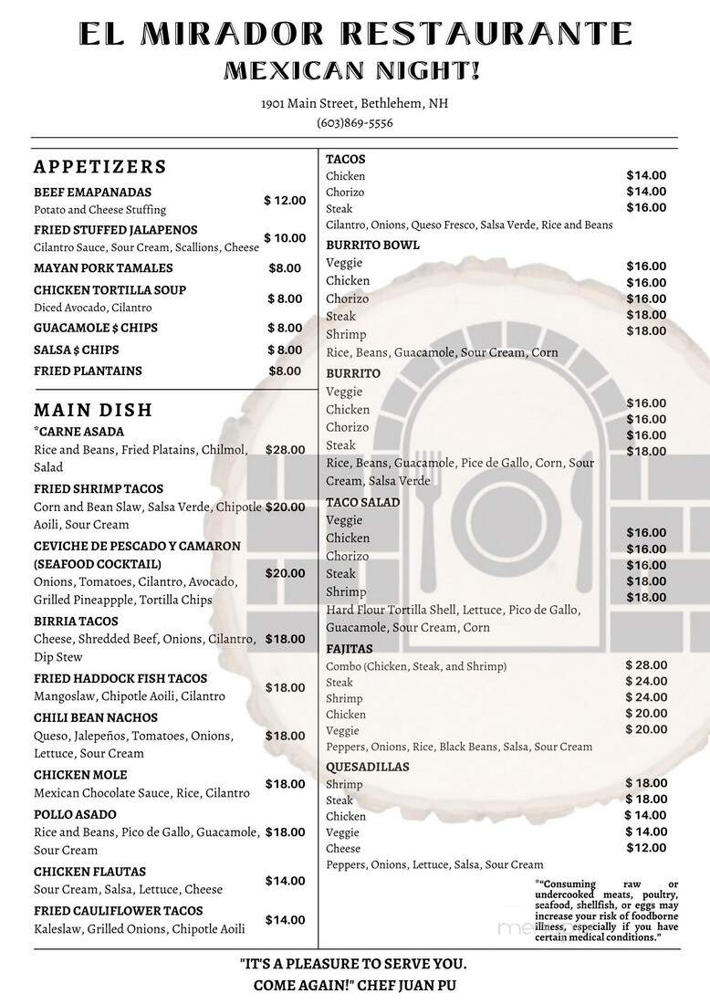 El Mirador - Bethlehem, NH menu_pic