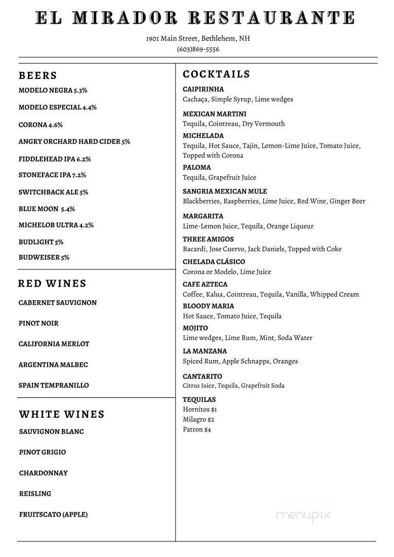 El Mirador - Bethlehem, NH menu_pic