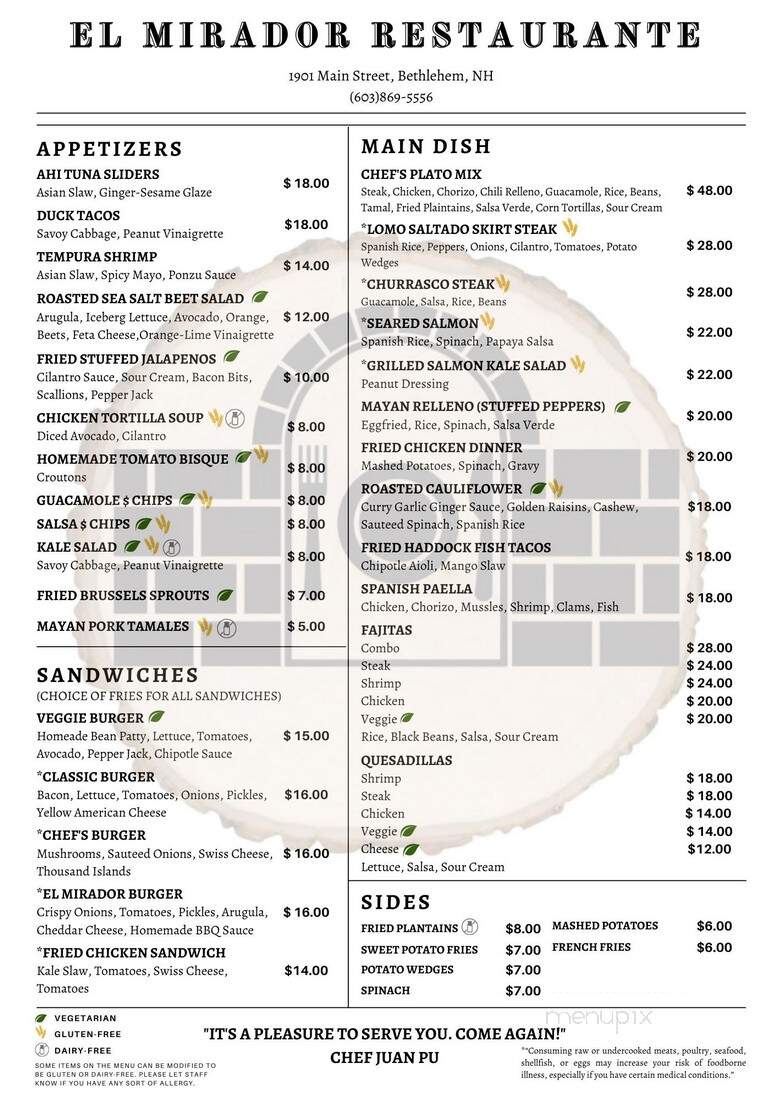 El Mirador - Bethlehem, NH menu_pic