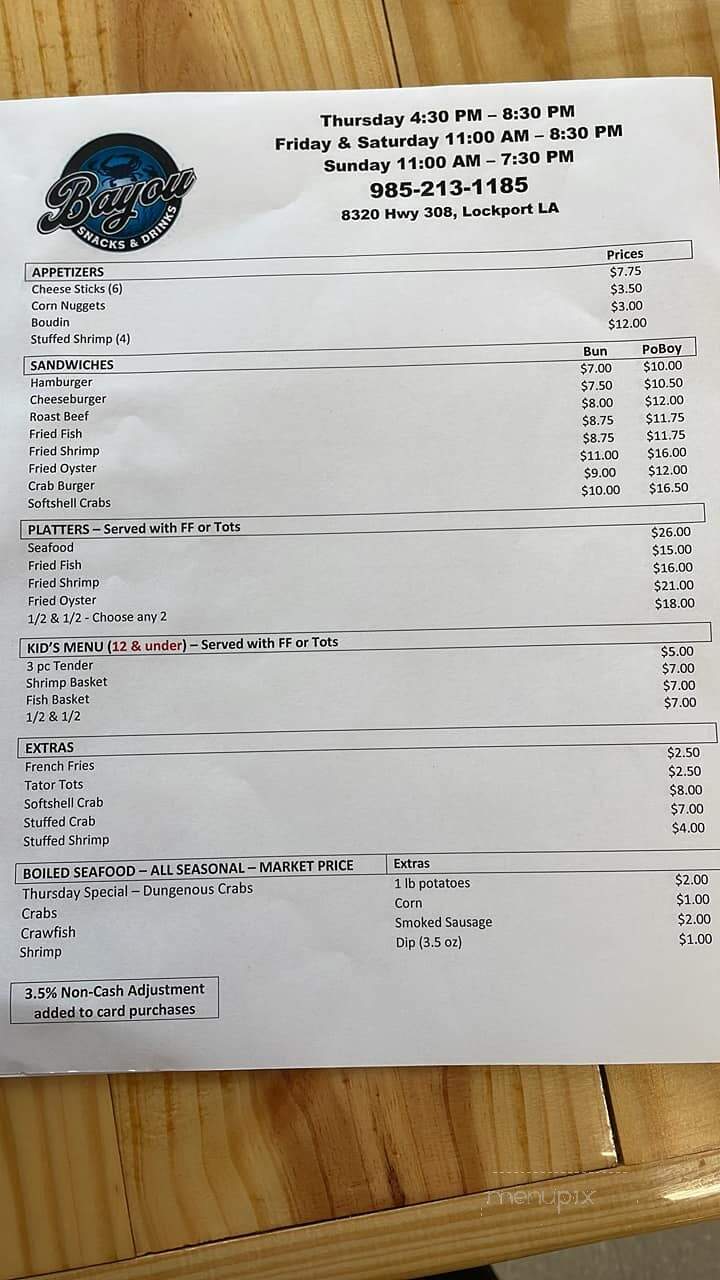 Bayou Snacks and Drinks - Lockport, LA menu_pic