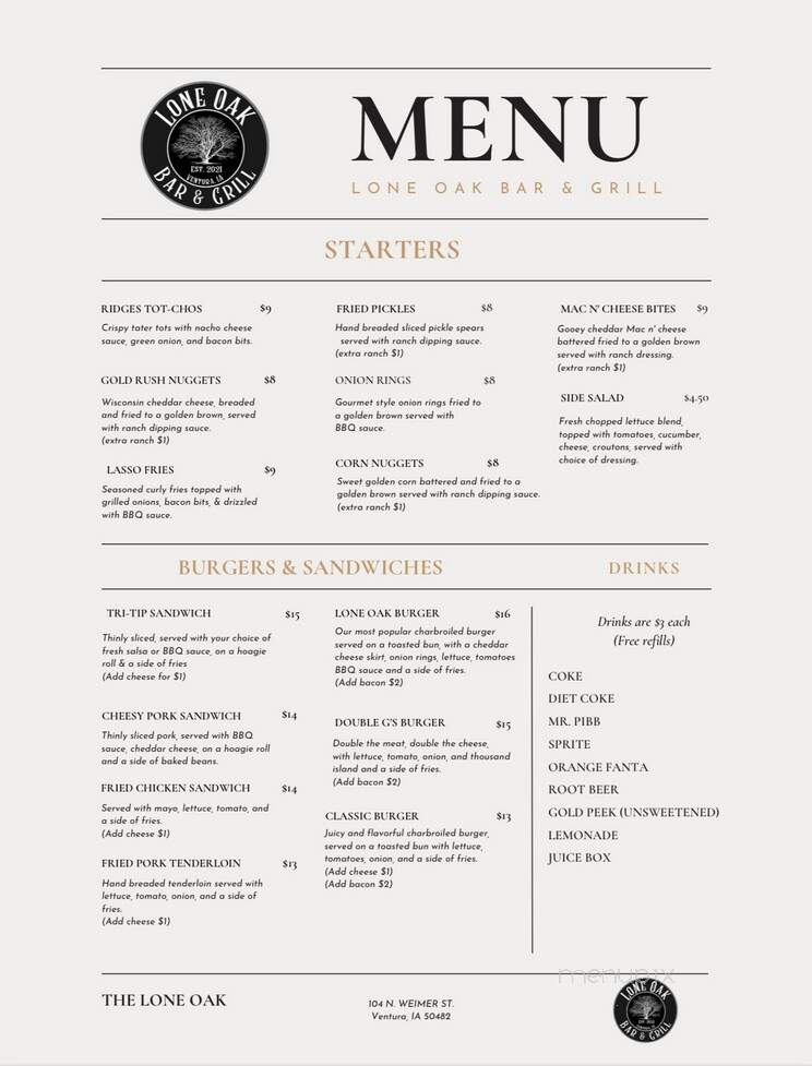 Lone Oak Bar & Grill - Ventura, IA menu_pic