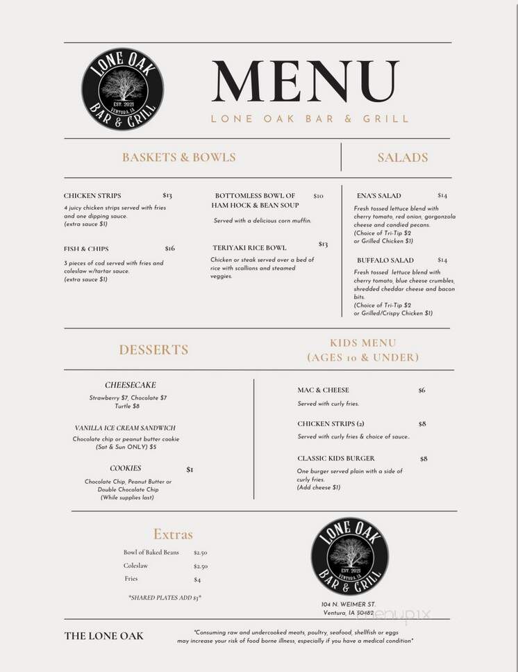 Lone Oak Bar & Grill - Ventura, IA menu_pic