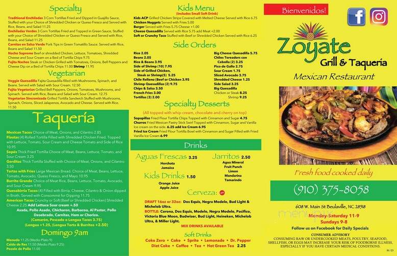 Zoyate - Beulaville, NC menu_pic