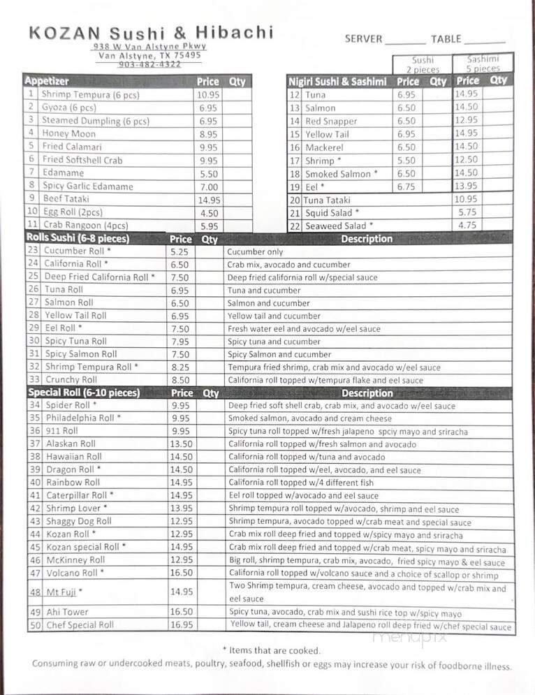 Kozan Hibachi & Sushi - Van Alstyne, TX menu_pic