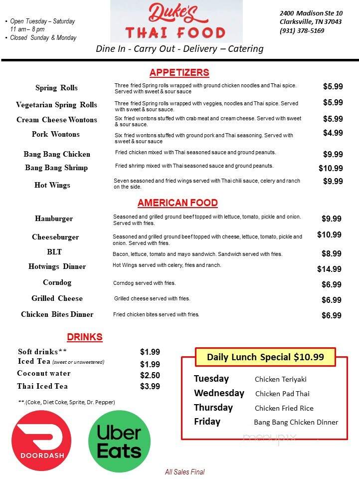Duke's Thai Food - Clarksville, TN menu_pic