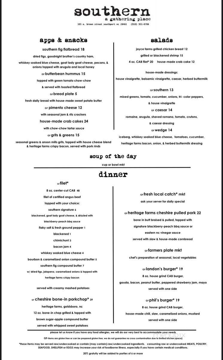 Southern, A Gathering Place - Southport, NC menu_pic