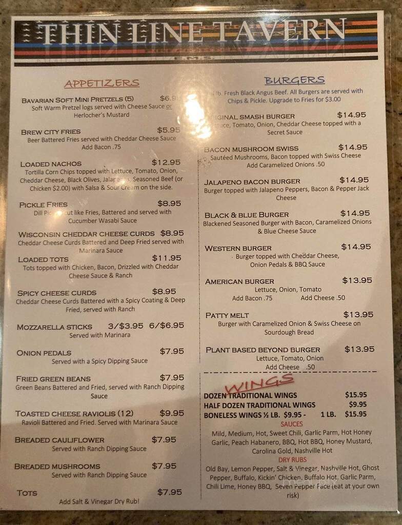 Thin Line Tavern - Mansfield, PA menu_pic