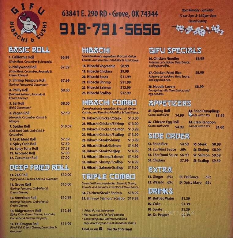 Gifu Hibachi & Sushi - Grove, OK menu_pic