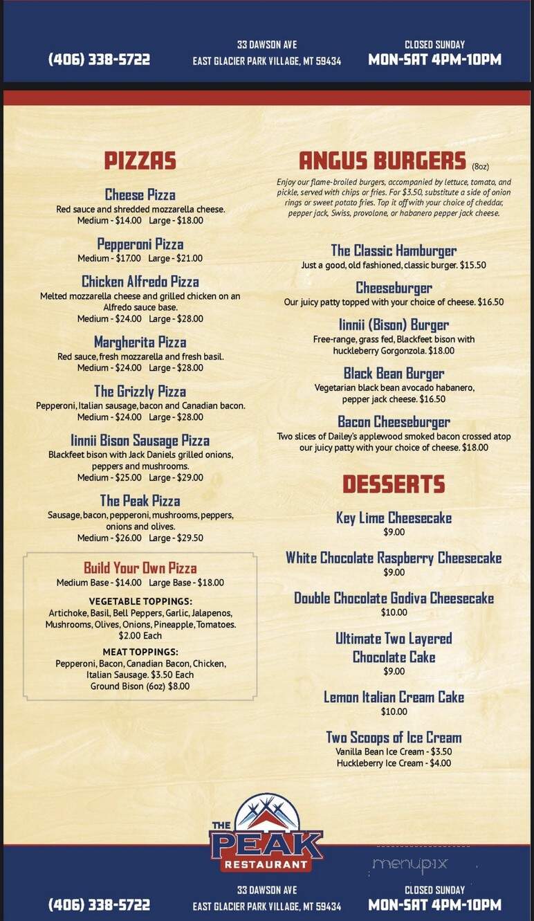 The Peak Restaurant - East Glacier Park Village, MT menu_pic