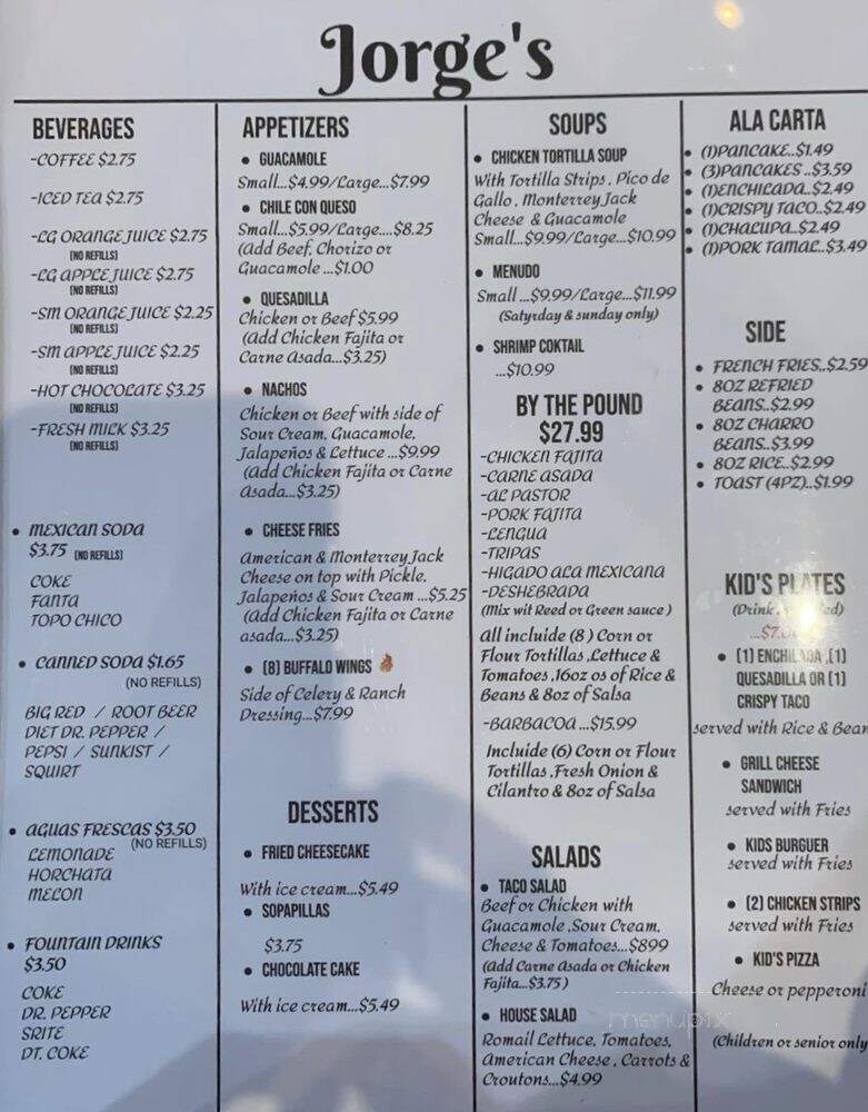 Jorge's Mexican Restaurant - San Marcos, TX menu_pic