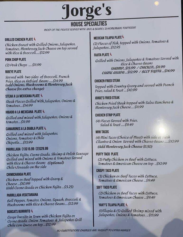 Jorge's Mexican Restaurant - San Marcos, TX menu_pic