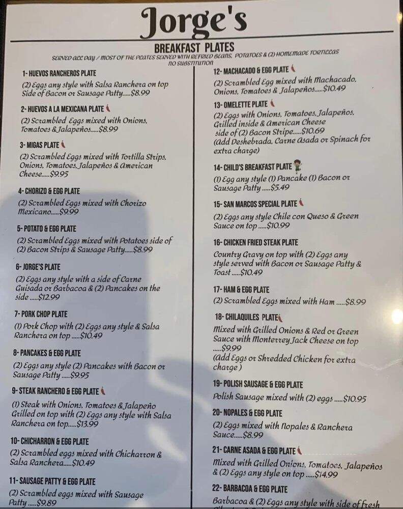 Jorge's Mexican Restaurant - San Marcos, TX menu_pic