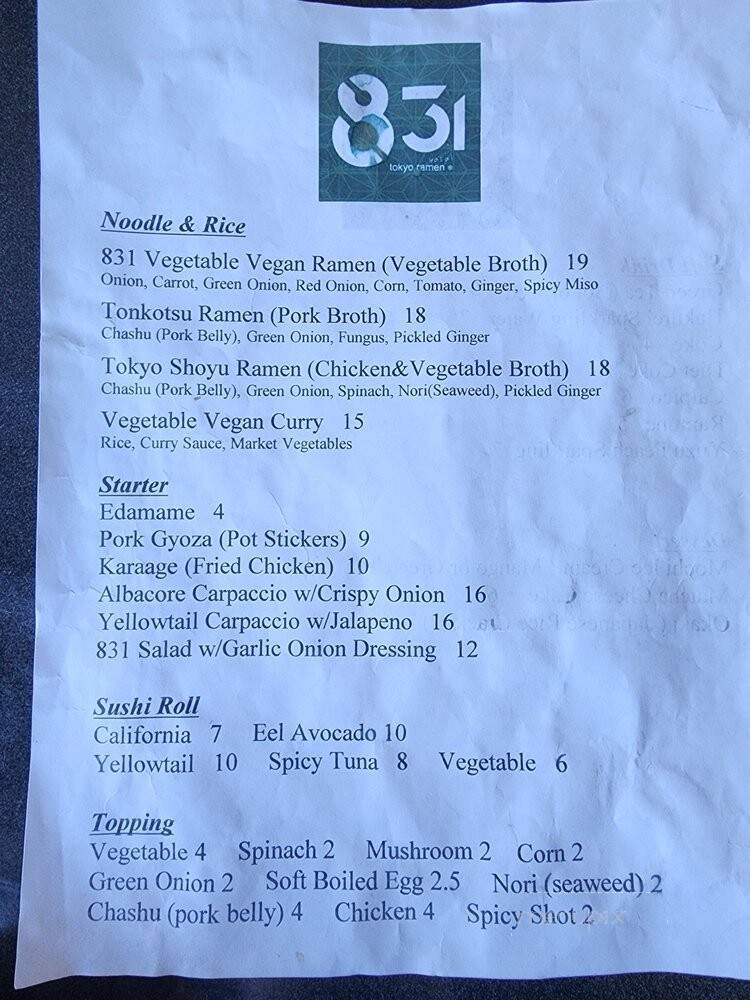 831 Yasai Tokyo Ramen - Sedona, AZ menu_pic