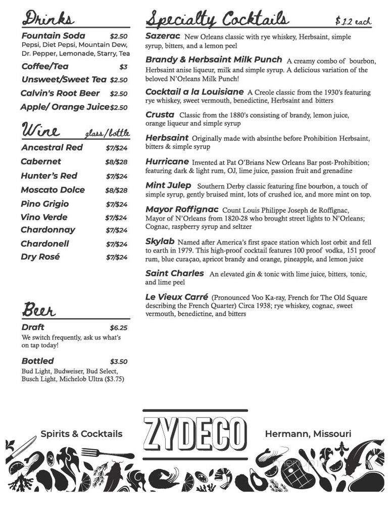 Zydeco - Hermann, MO menu_pic