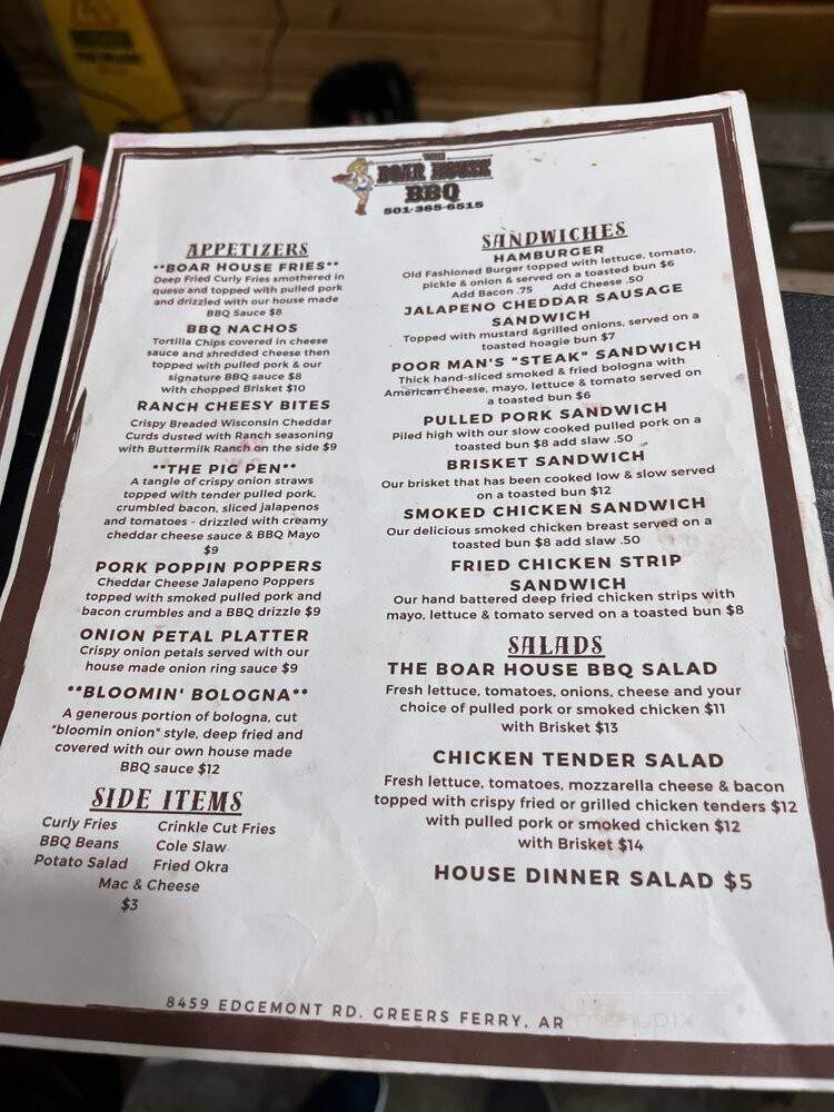 The Boar House and Pizza - Greers Ferry, AR menu_pic
