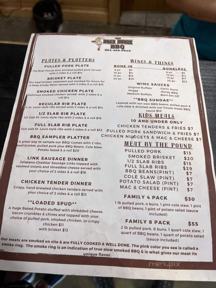 The Boar House and Pizza - Greers Ferry, AR menu_pic