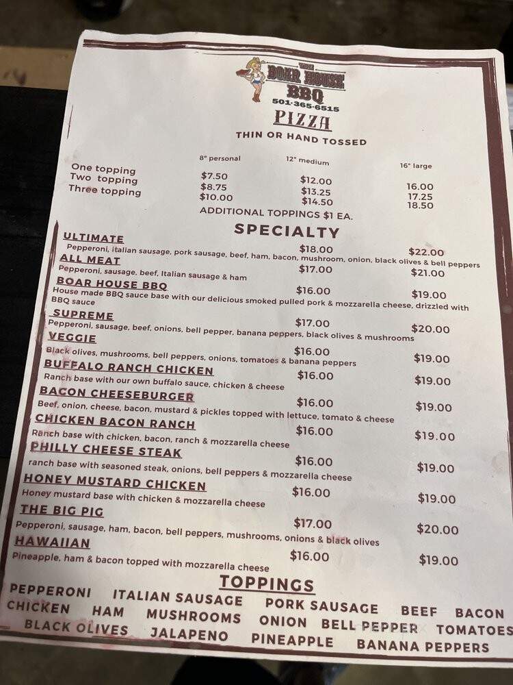 The Boar House and Pizza - Greers Ferry, AR menu_pic