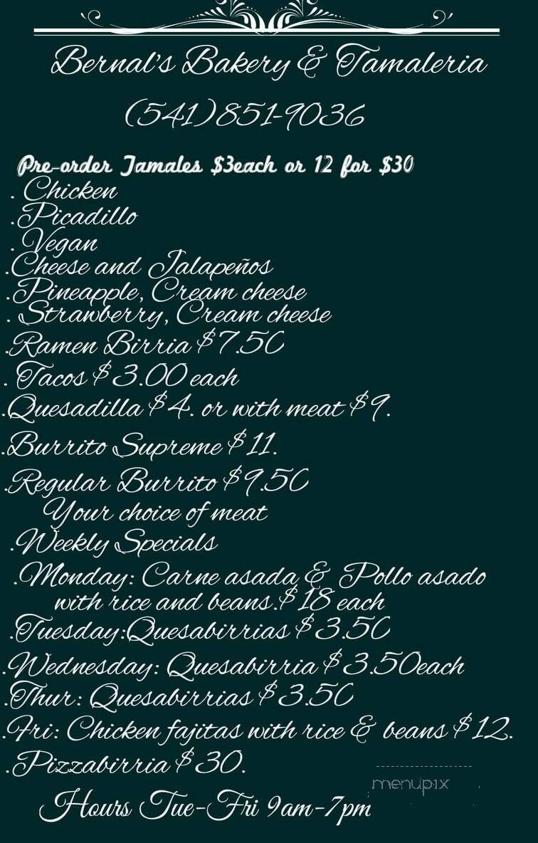 Bernal's Bakery and Tamaleria - Keno, OR menu_pic