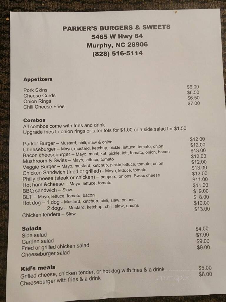 Parker's Burgers & Sweets - Murphy, NC menu_pic