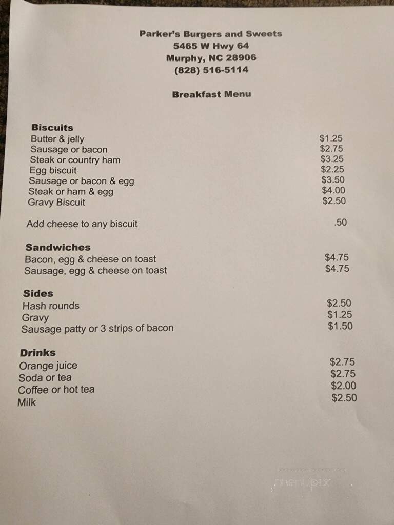 Parker's Burgers & Sweets - Murphy, NC menu_pic