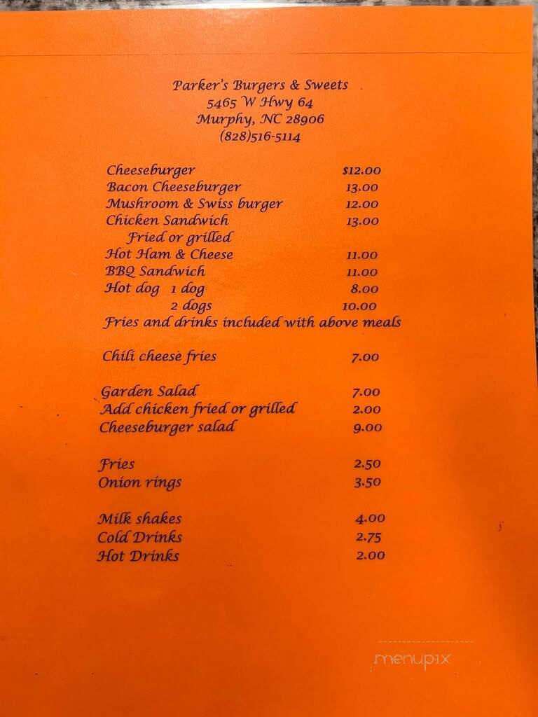 Parker's Burgers & Sweets - Murphy, NC menu_pic
