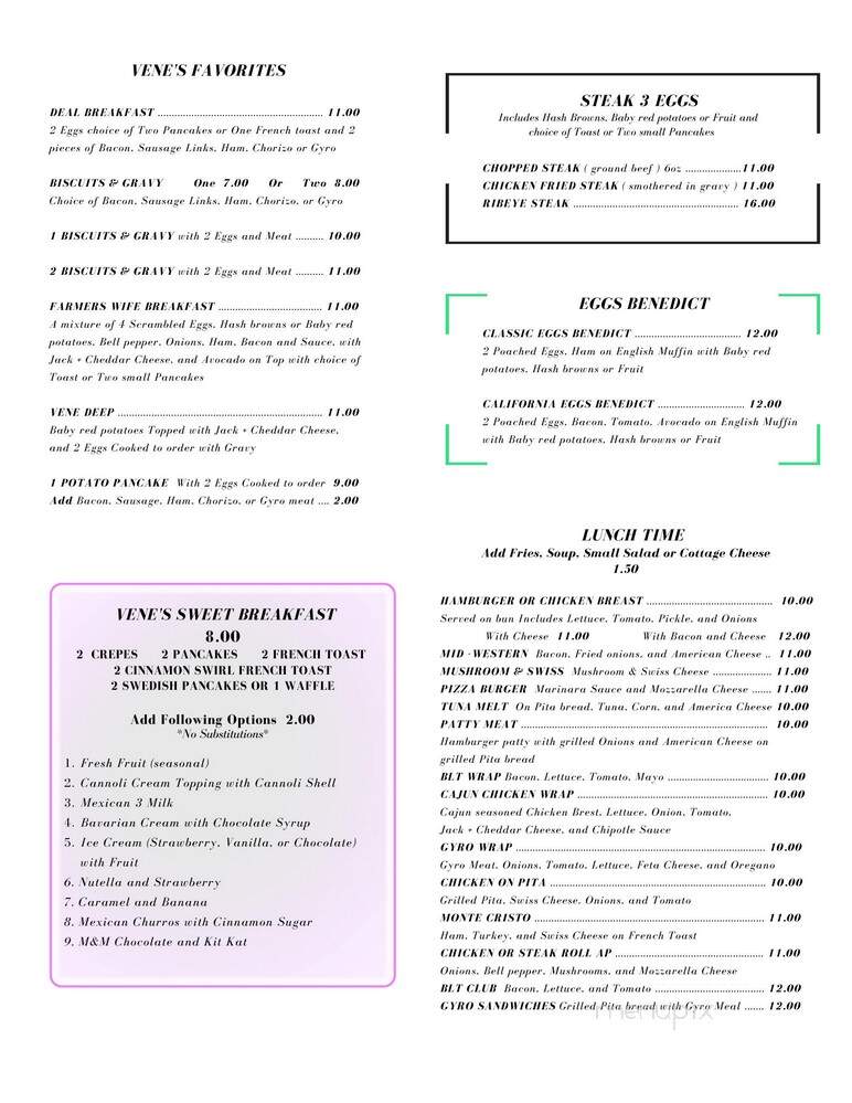Vene's Pancake House - Sheboygan, WI menu_pic