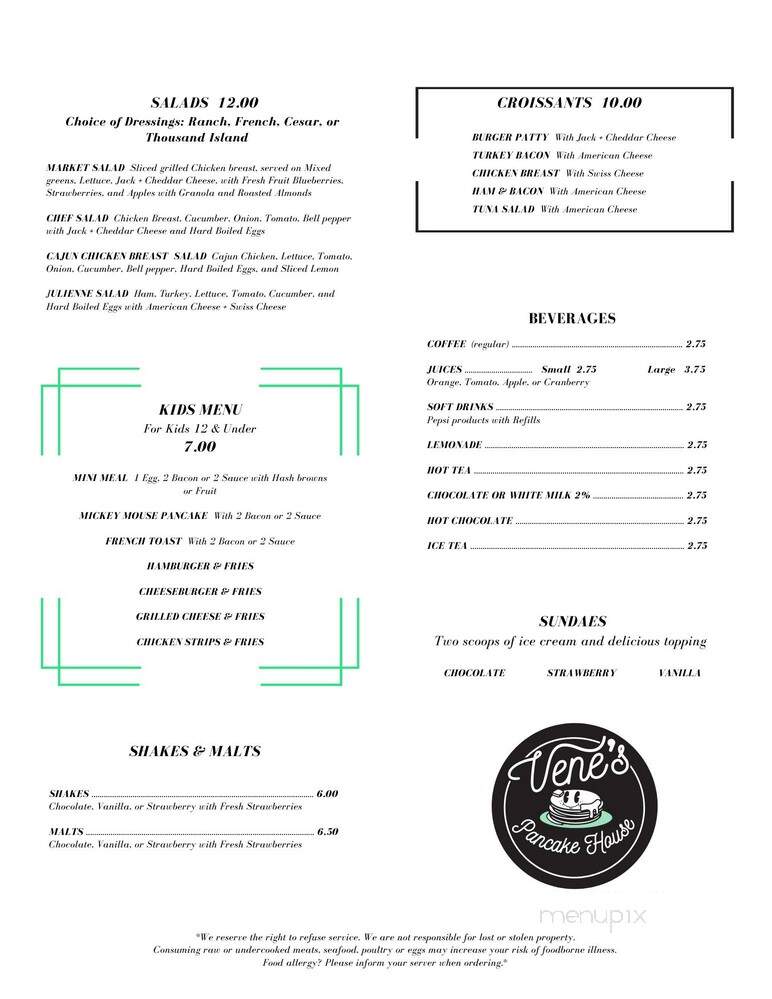 Vene's Pancake House - Sheboygan, WI menu_pic