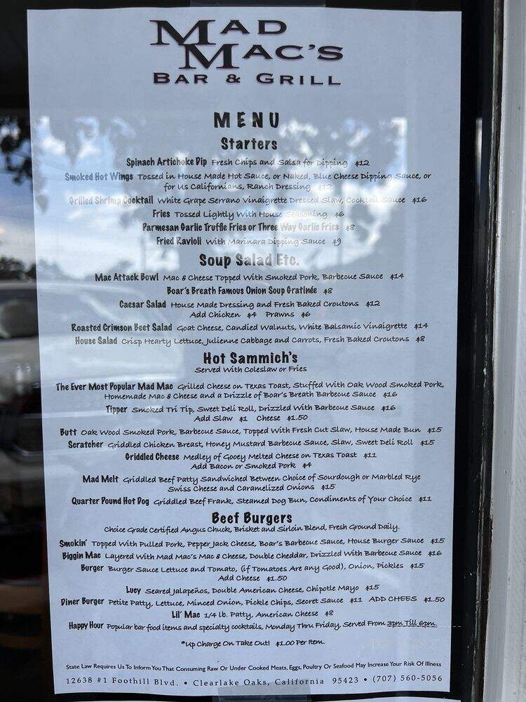 Mad Mac Bar & Grill - Clearlake Oaks, CA menu_pic